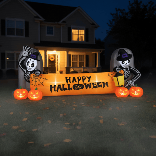 9.6FT Halloween Inflatable Skeleton Tombstone Banner with LED Lights - Monsta Online