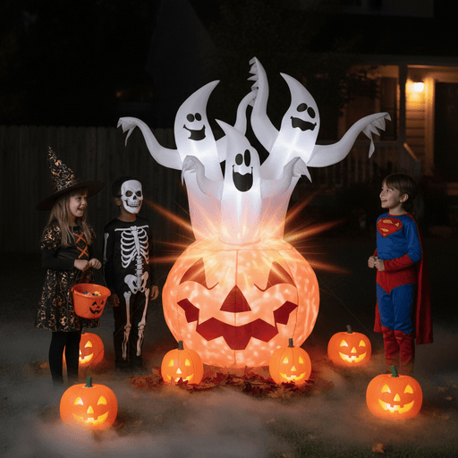 6FT Halloween Inflatable Ghosts and Pumpkin with Rotating Flame LED Lights - Monsta Online