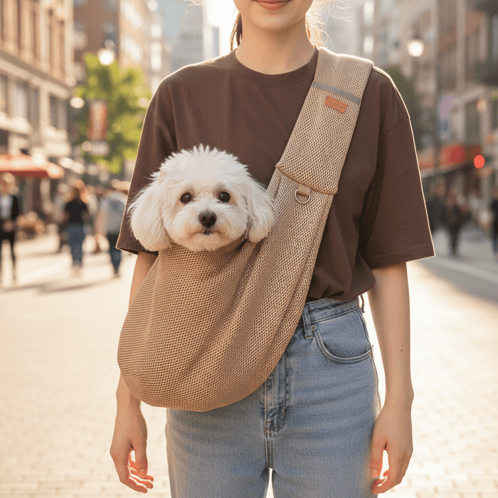 Mesh Crossbody Dog Carrier Sling – Padded Strap, Safety Clip & Hands - Free Design - Monsta Online