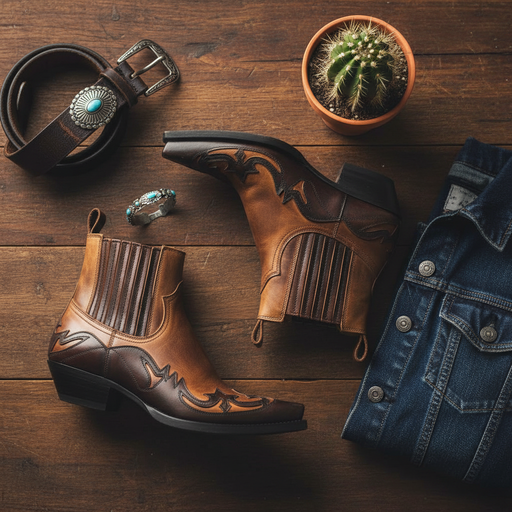 Pair of brown cowboy boots with decorative stitching on a wooden surface, accompanied by a belt, ring, and denim jacket.