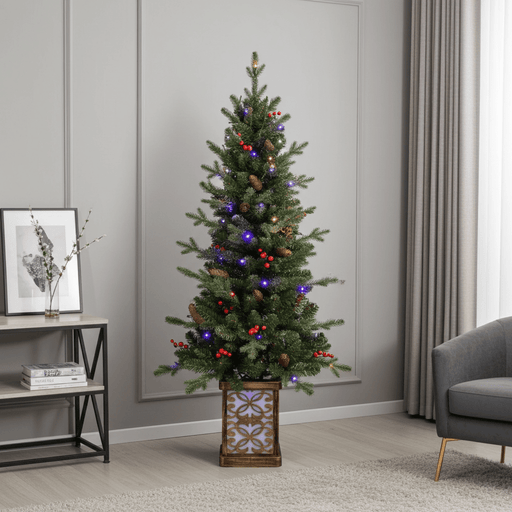 4FT Pre - Lit Artificial Christmas Tree — 100 Multi - Color LED, Glitter Light - Up Base, Berries & Pine Cones - Monsta Online