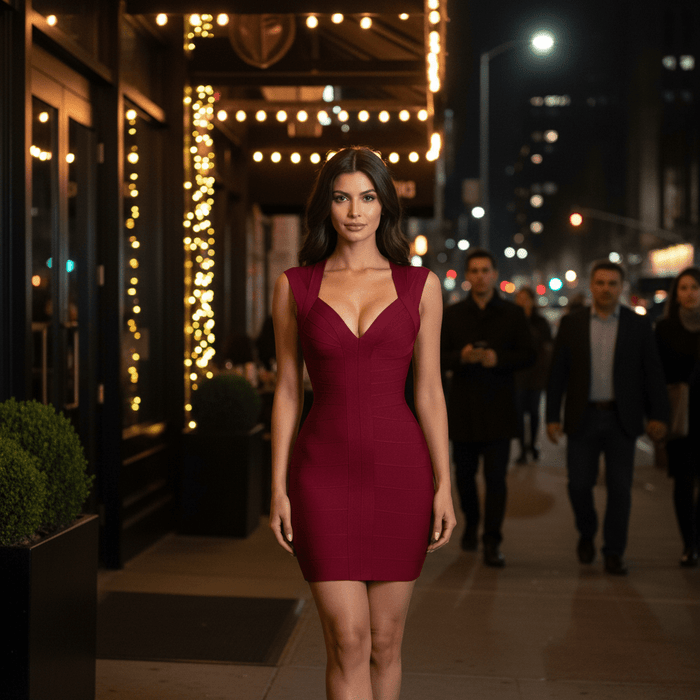Noëlle Bodycon Mini Dress – Women's Sleeveless V Neck Structured Panel Dress - Monsta Online