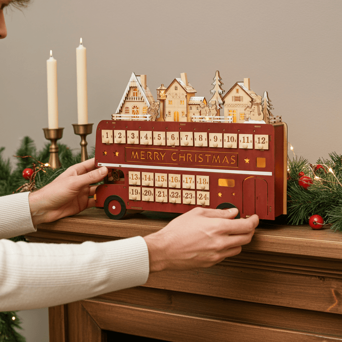 Light - Up Wooden Christmas Advent Calendar Bus with Daily Surprises - Monsta Online