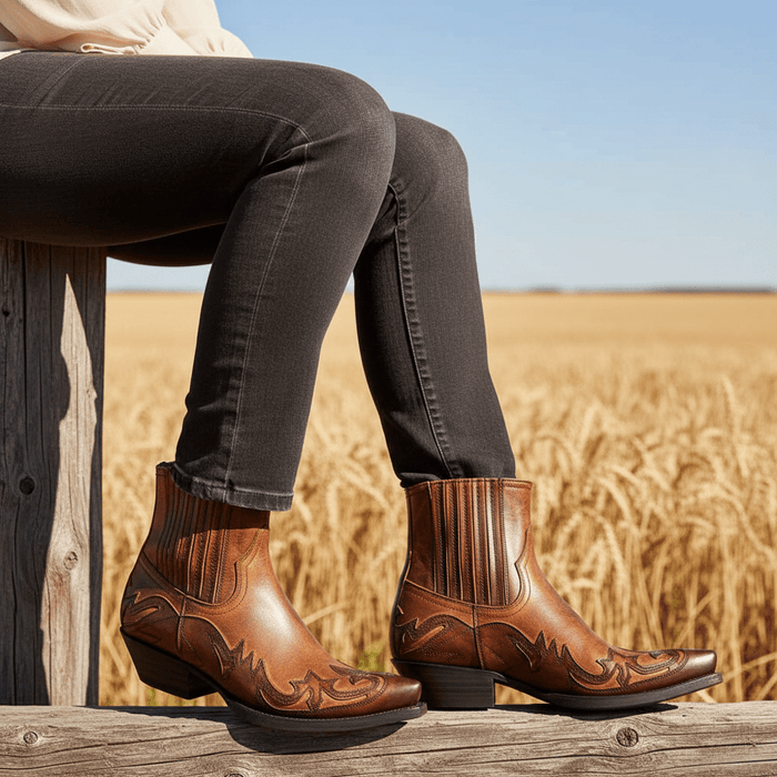Women's Leather Western Ankle Boots – Pointed Toe, Embroidered Cowboy Style for Casual & Evening Wear - Monsta Online