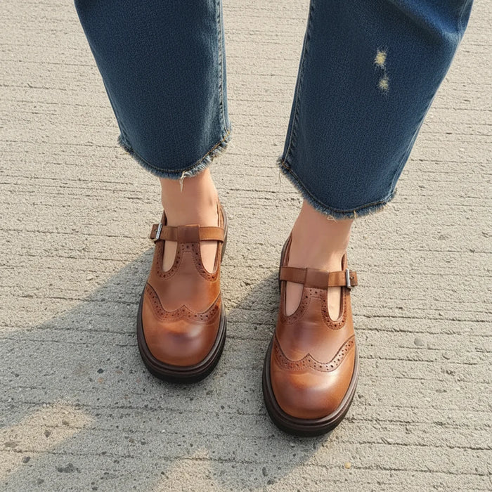 Emiliana T - Strap Leather Shoes – Women's Classic Buckle T - Strap Shoes - Monsta Online
