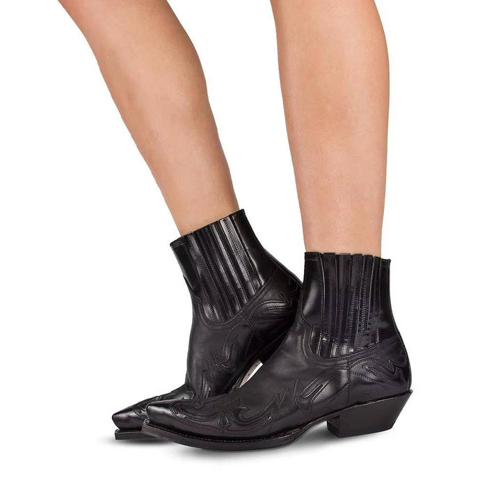 Women's Leather Western Ankle Boots – Pointed Toe, Embroidered Cowboy Style for Casual & Evening Wear - Monsta Online