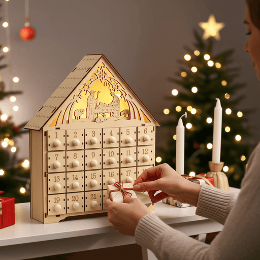 Wooden LED Christmas Advent Calendar Manger Scene with 24 Countdown Drawers - Monsta Online