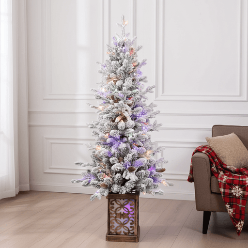 4FT Pre - Lit Flocked Artificial Christmas Tree — 100 Multi - Color LED Lights, 396 Tips, Light - Up Glitter Base - Monsta Online