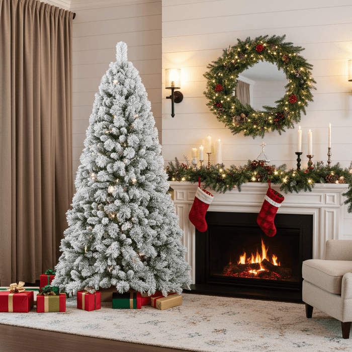 9FT White Snow‑Flocked Artificial Christmas Tree — 1964 Tips, Full Realistic, Hinged Metal Stand - Monsta Online