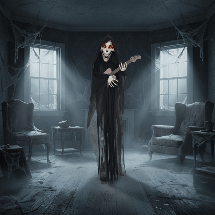 4.2ft Sound - Activated Animatronic Halloween Grim Reaper Playing Guitar - Monsta Online
