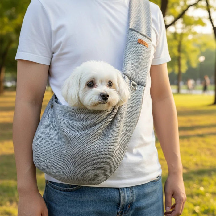Mesh Crossbody Dog Carrier Sling – Padded Strap, Safety Clip & Hands - Free Design - Monsta Online