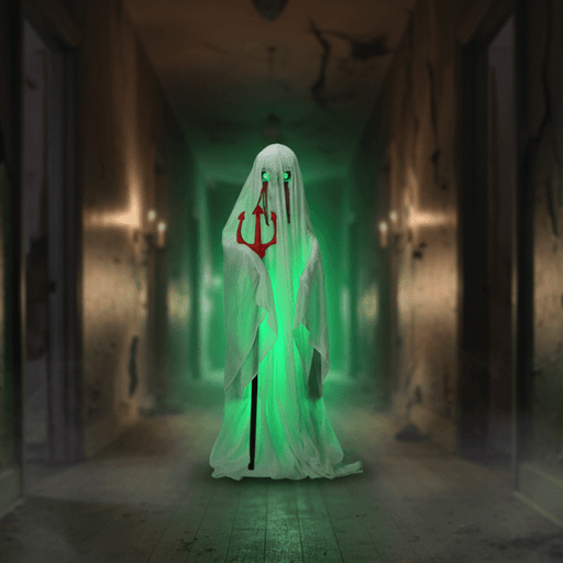 4.3ft Sound - Activated Animated Ghost with Trident – Green Lights and Creepy Sounds - Monsta Online