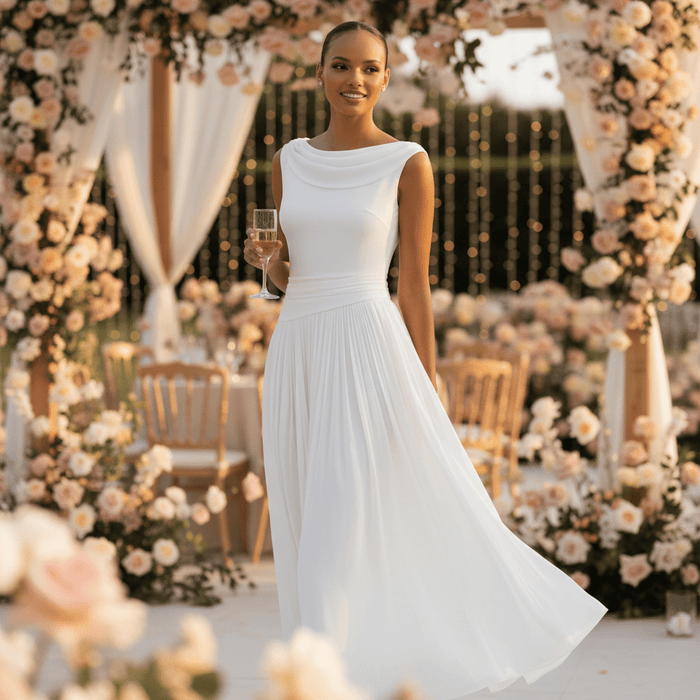 Vivienne Draped Pleated Midi Dress – Women's Sleeveless Fitted Wedding Guest Dress - Monsta Online