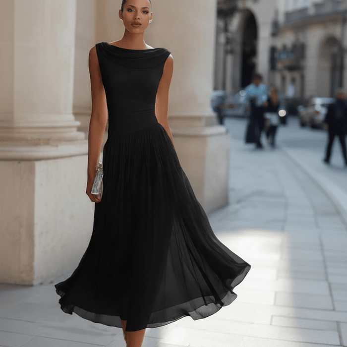 Vivienne Draped Pleated Midi Dress – Women's Sleeveless Fitted Wedding Guest Dress - Monsta Online