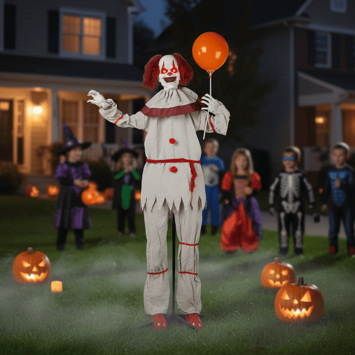 5.7ft Sound - Activated Animatronic Clown with Balloon – Creepy Talking with Red Eyes and Shaking Head - Monsta Online