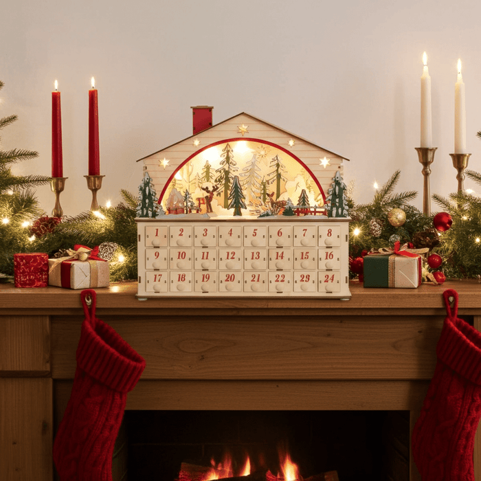 Wooden Christmas Advent Calendar House with LED Lights and 24 Drawers - Monsta Online