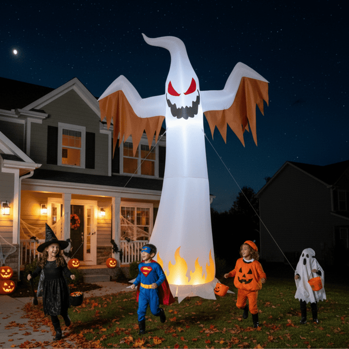 12FT Halloween Inflatable Ghost with Red Eyes and Flame LED Lights - Monsta Online