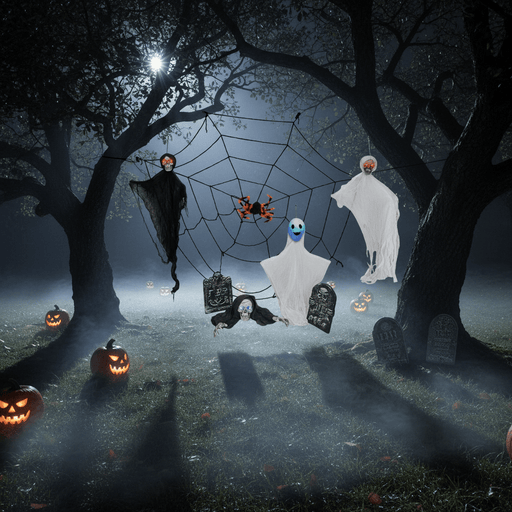 8 - Piece Outdoor Halloween Decoration Set 5.9ft Cobweb – Red Flashing Eyes, Hanging Ghosts, Gravestones and Spider - Monsta Online