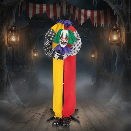 4.5ft Sound - Activated Animated Halloween Clown - Red LED Eyes, Posable Head and Creepy Phrases - Monsta Online