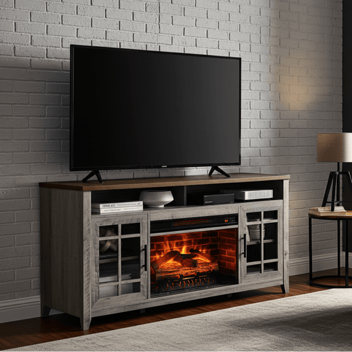 55 Inch Modern Electric Fireplace TV Stand with Storage Cabinets Gray Wash - Monsta Online