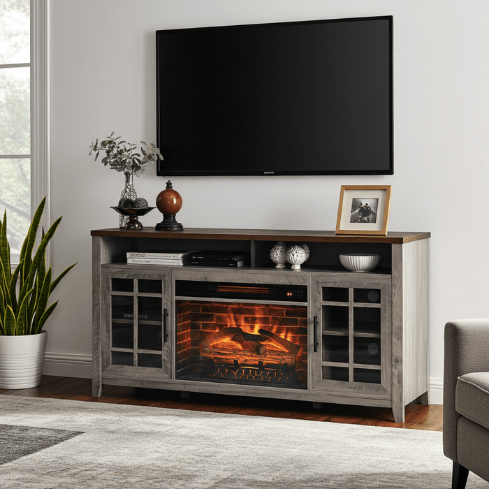 55 Inch Modern Electric Fireplace TV Stand with Storage Cabinets Gray Wash - Monsta Online