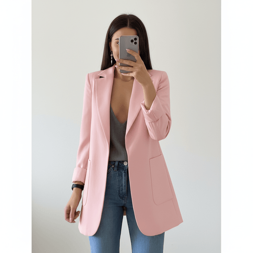 Women's Elegant Open Front Blazer – Tailored Wool & Hip - Length Silhouette - Monsta Online