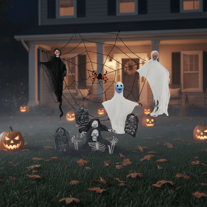 8 - Piece Outdoor Halloween Decoration Set 5.9ft Cobweb – Red Flashing Eyes, Hanging Ghosts, Gravestones and Spider - Monsta Online