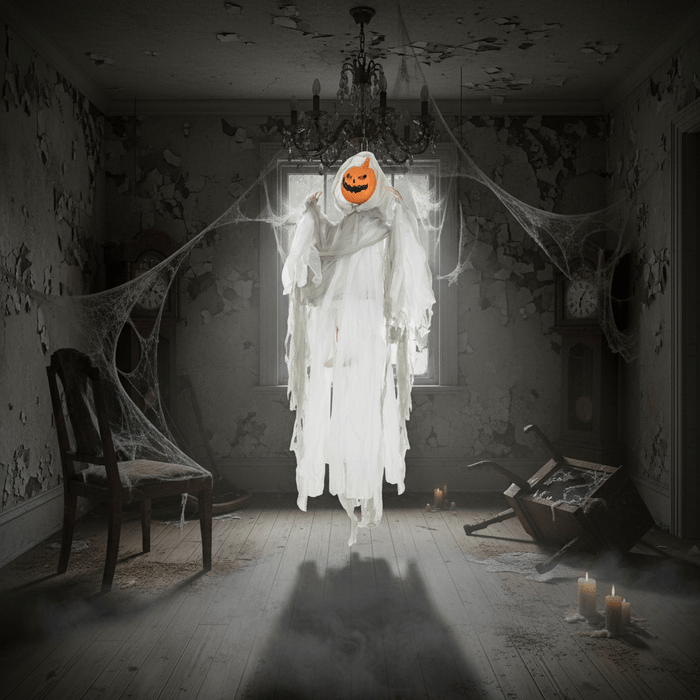 4ft Sound - Activated Hanging Animated Pumpkin Ghost – Red Glowing Eyes, Creepy Howling Sounds - Monsta Online