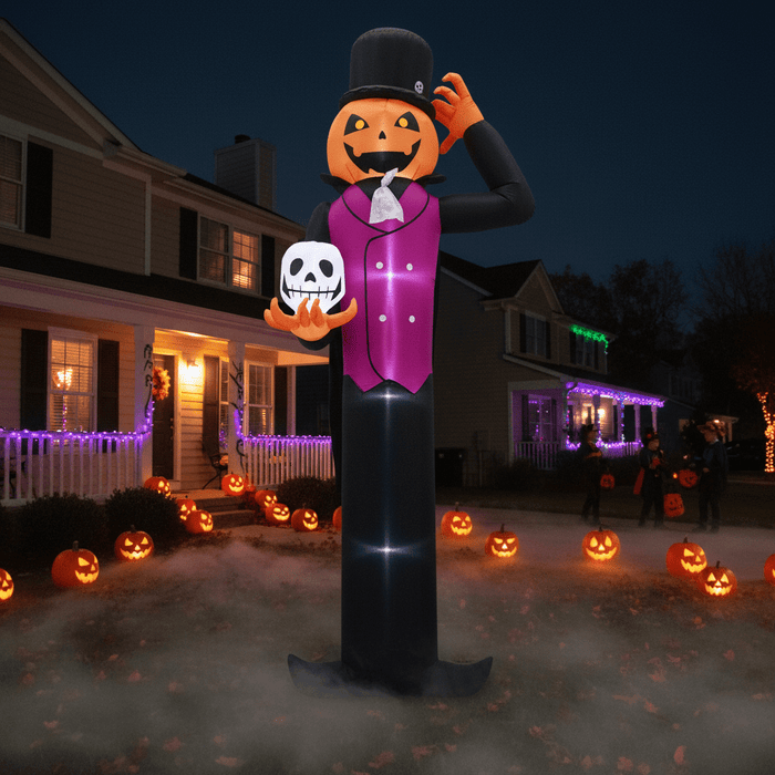 12FT Halloween Inflatable Pumpkin Man Holding Skull with LED Lights - Monsta Online