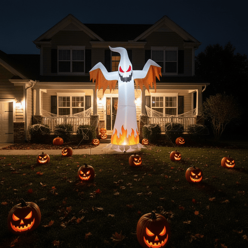 12FT Halloween Inflatable Ghost with Red Eyes and Flame LED Lights - Monsta Online