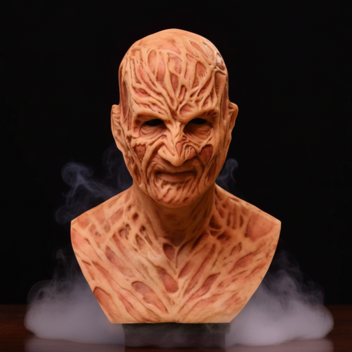 Wooden bust with detailed carvings on a dark background