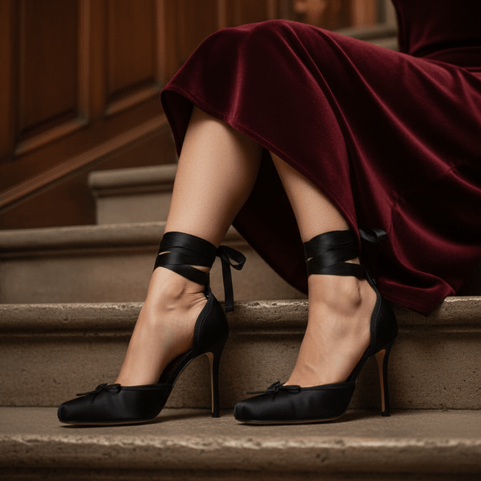 Aubrielle Ballet Pump Heels – Luxury Bridal Satin Stiletto with Ribbon Ankle Tie & Cushioned Insole - Monsta Online