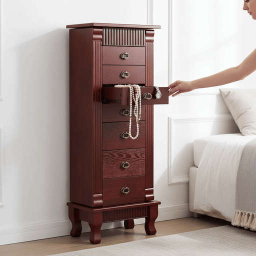 Luxury Wooden Jewelry Armoire with Mirror – 7 Drawers, Necklace Hooks & Lift - Top Storage - Monsta Online