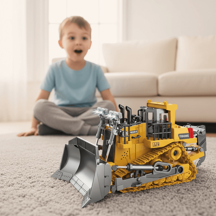 1:24 Scale 9 Channel Remote Control Bulldozer Toy with Metal Shovel and Dual Batteries Lights & Sounds for Kids - Monsta Online