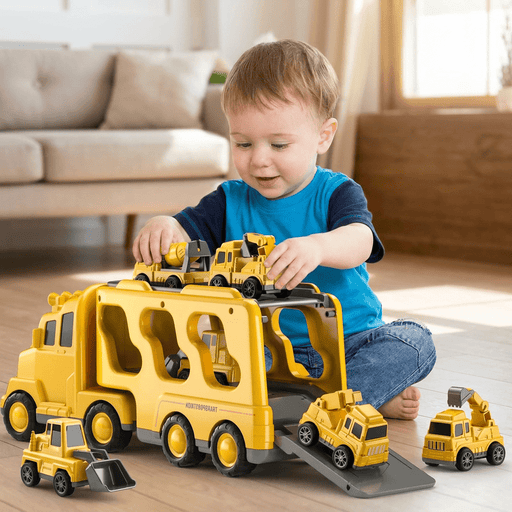 Construction Truck Toy Set – 5 - Piece Carrier Truck with Lights, Sounds & Foldable Ramp - Monsta Online