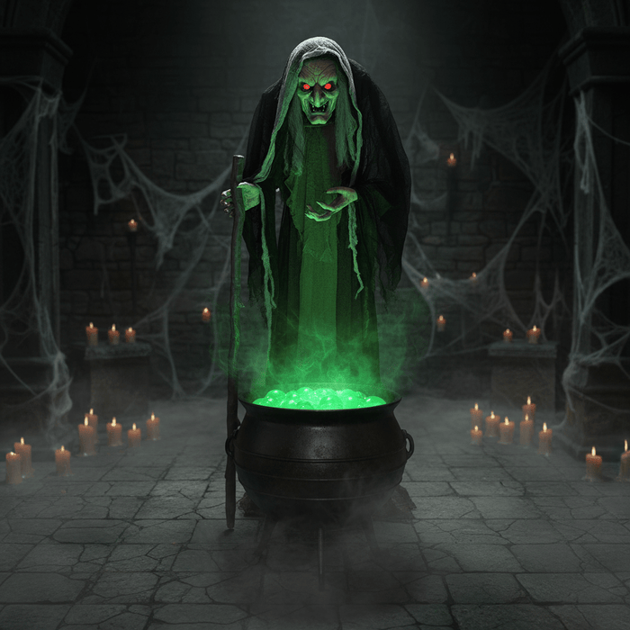 5ft Sound Motion Activated Animated Witch - Red Light - Up Eyes and Posable Arms - Monsta Online
