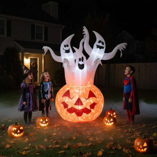 6FT Halloween Inflatable Ghosts and Pumpkin with Rotating Flame LED Lights - Monsta Online