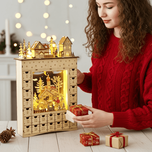 Light Up Christmas Wooden Advent Calendar Holiday Village Scene with 24 Drawers - Monsta Online
