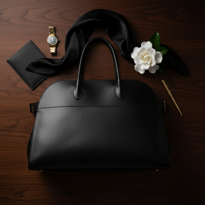 Black handbag on a wooden surface with a white flower and gold watch.