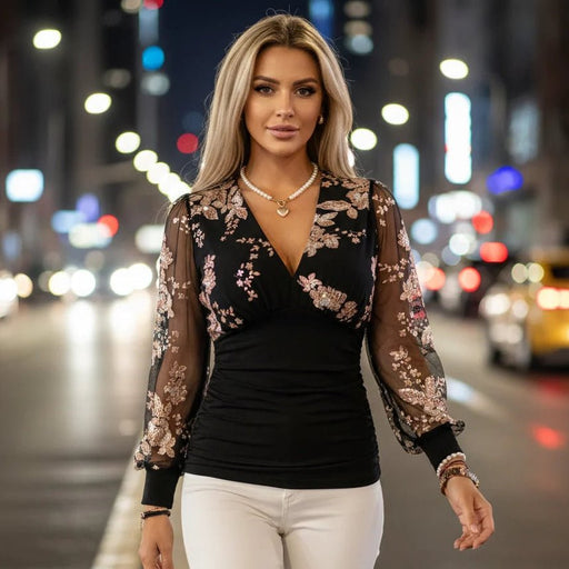 Hollis Ruched V - Neck Top – Women's Elegant Balloon Sleeve Stretch Top - Monsta Online