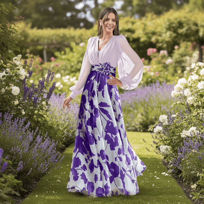 Valentina Floral Maxi Dress – Women's V Neck Balloon Sleeve Printed Wedding Guest Dress - Monsta Online