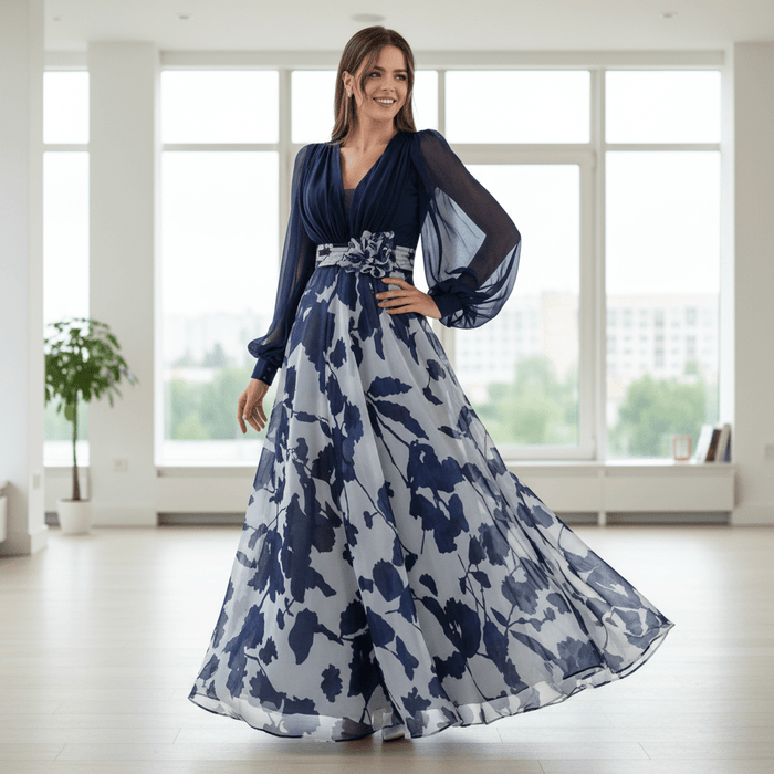 Valentina Floral Maxi Dress – Women's V Neck Balloon Sleeve Printed Wedding Guest Dress - Monsta Online
