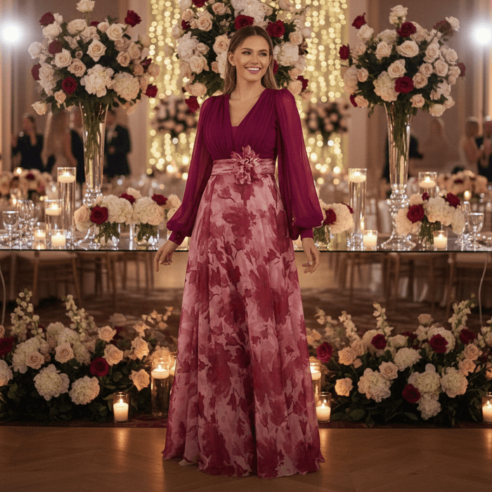 Valentina Floral Maxi Dress – Women's V Neck Balloon Sleeve Printed Wedding Guest Dress - Monsta Online
