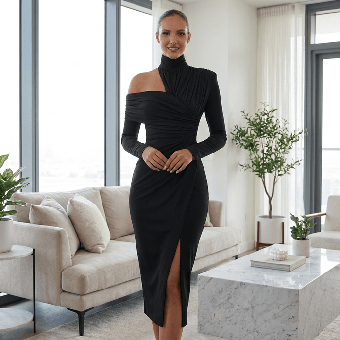 Delphina One Shoulder Midi Dress – Women's Asymmetric High Neck Draped Dress - Monsta Online