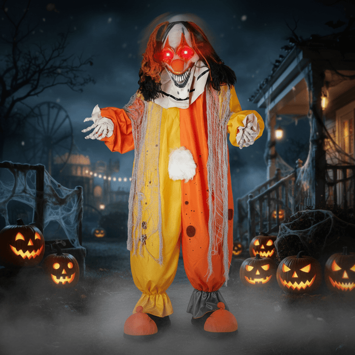 8.2ft Sound - Activated Giant Animatronic Clown – Red Glowing Eyes, Shaking Head and Creepy Phrases - Monsta Online