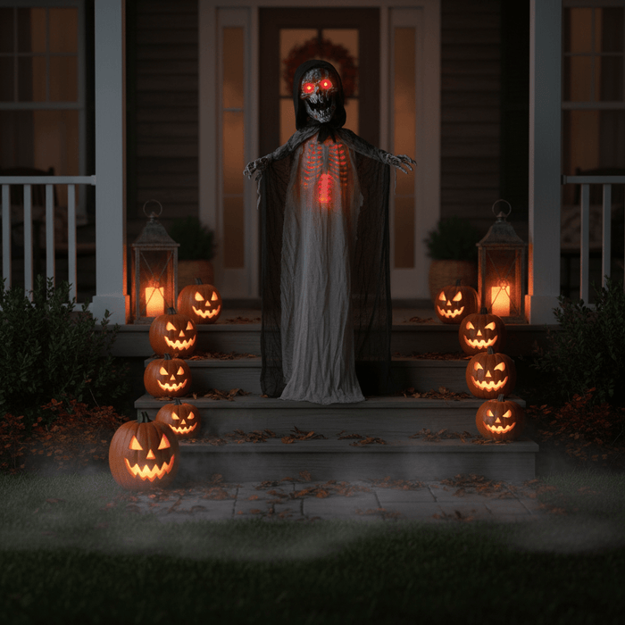 6ft Sound Activated Halloween Animated Skeleton Witch – Light - Up Eyes, Glowing Chest and Creepy Chain Howls - Monsta Online