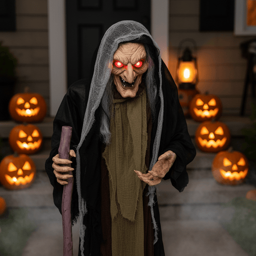 5ft Sound Motion Activated Animated Witch - Red Light - Up Eyes and Posable Arms - Monsta Online