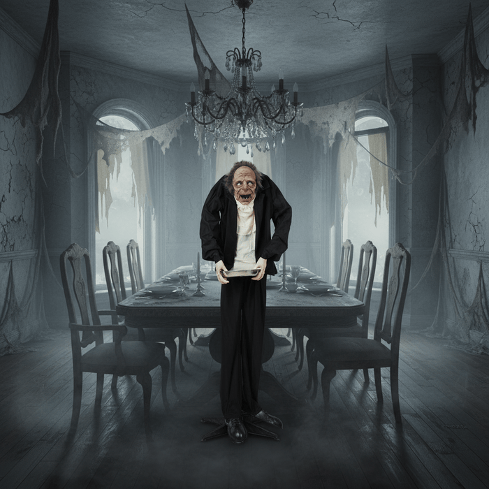 5ft Animatronic Halloween Male Servant – Sound Activated with Glowing Eyes, Creepy Laughs - Monsta Online