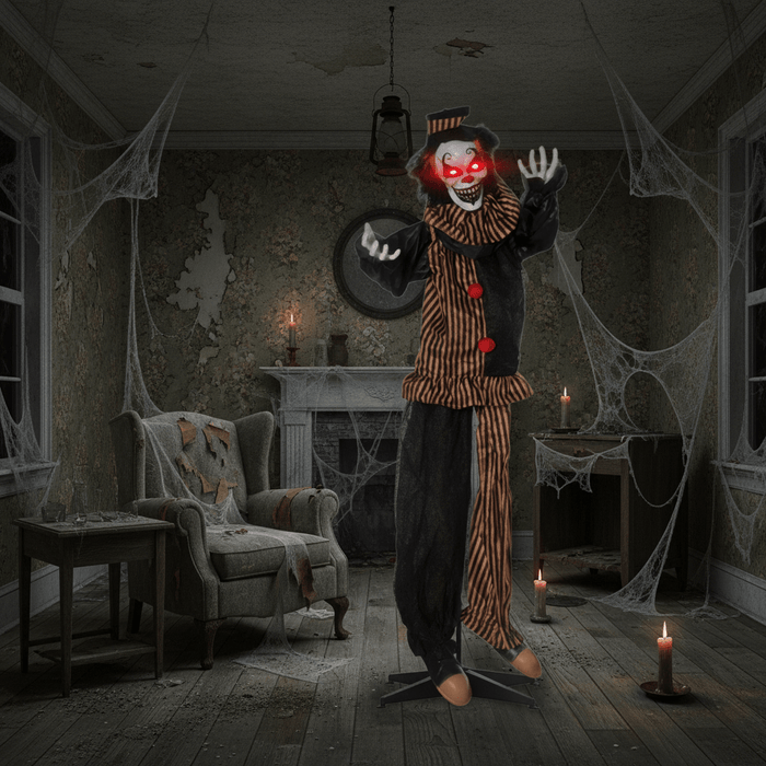 6.7ft Sound - Activated Animatronic Halloween Clown - Moving Head, Arms and Red Glowing Eyes - Monsta Online