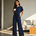 Women's Solid Color Jumpsuit – Flattering Elastic Waist, Breathable Fabric - Monsta Online